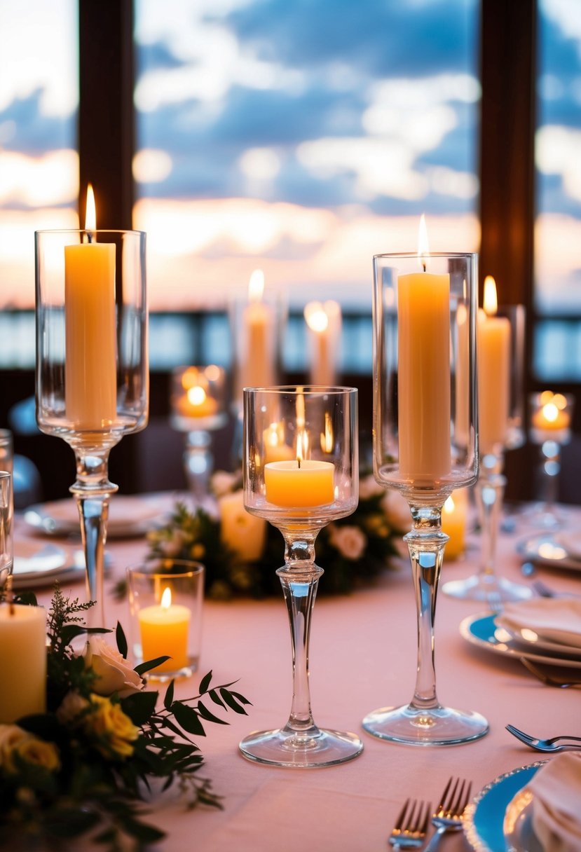 A table adorned with Murano glass candle holders, reflecting the warm glow of the candles, adding an elegant touch to a cultural Italian wedding celebration