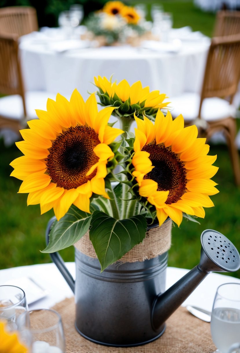 A vibrant sunflower blooms from a watering can vase, serving as a cheerful and rustic centerpiece for a wedding table