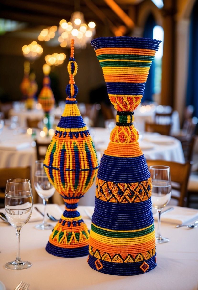 Colorful South African beaded wirework centerpieces adorn wedding tables, showcasing intricate cultural designs and patterns