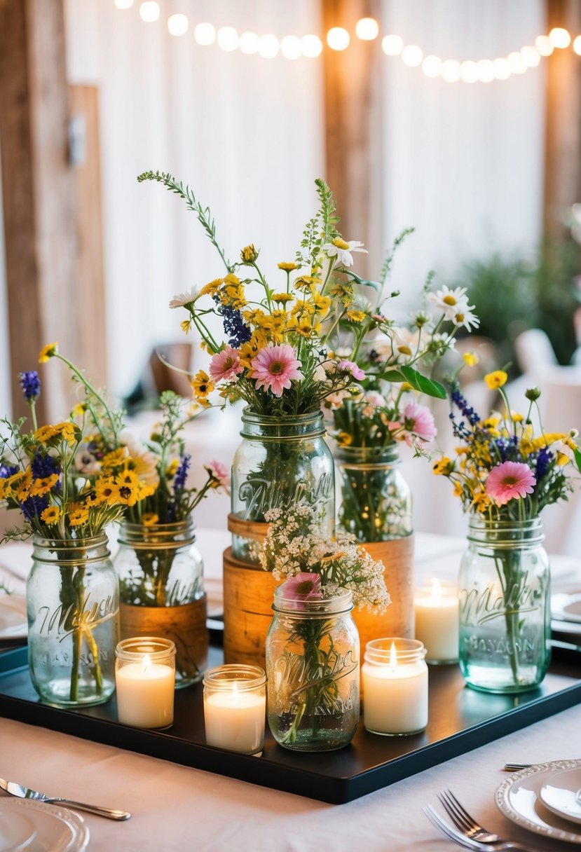 Mason jars filled with wildflowers and candles adorn a square table, creating a shabby chic wedding centerpiece