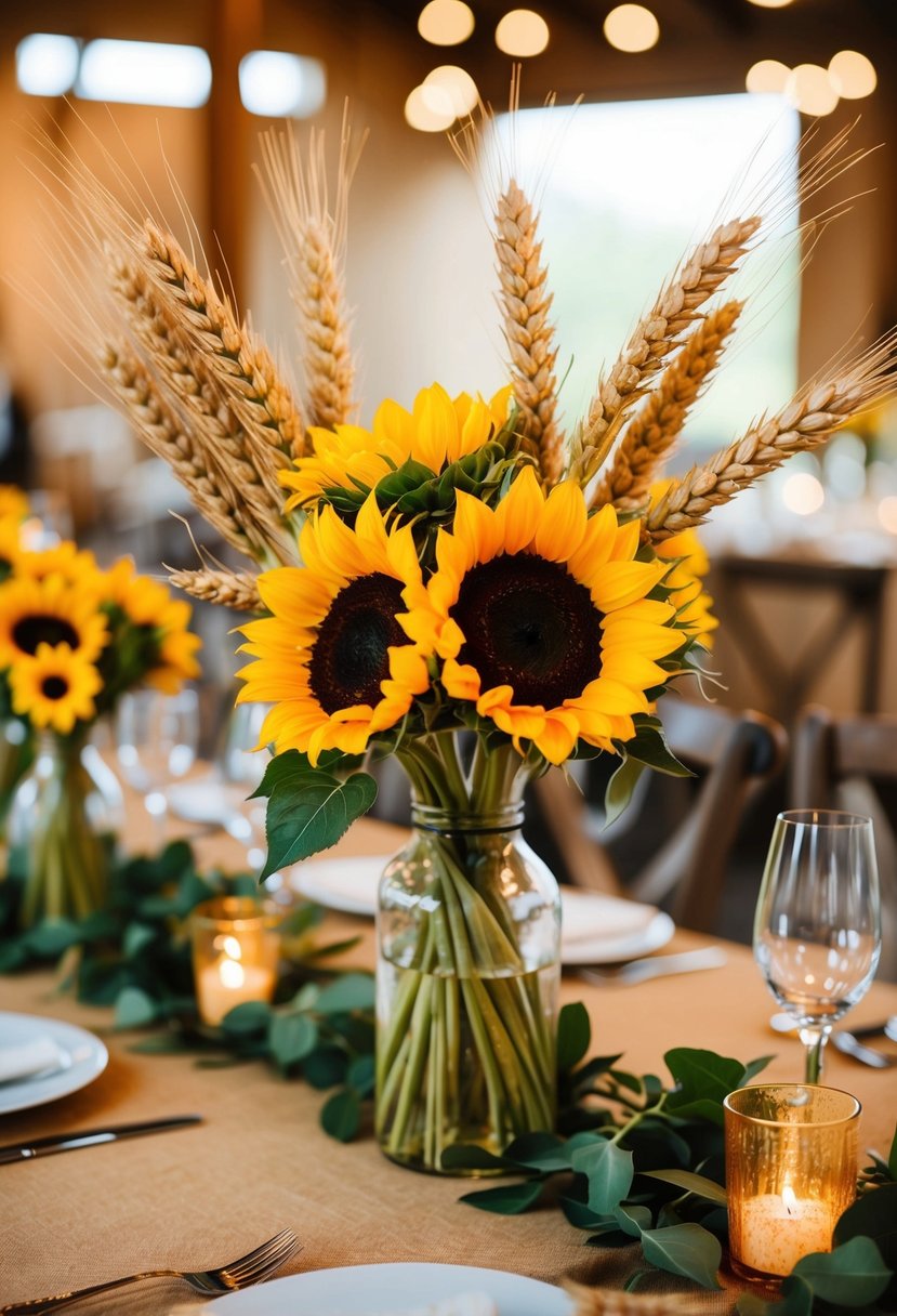 A sunflower and wheat sheaf centerpiece on a rustic wedding table