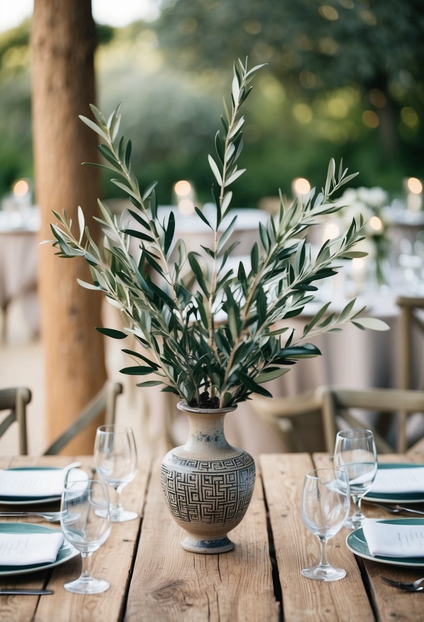 A rustic wooden table adorned with a Greek olive branch and vase display, evoking cultural wedding charm