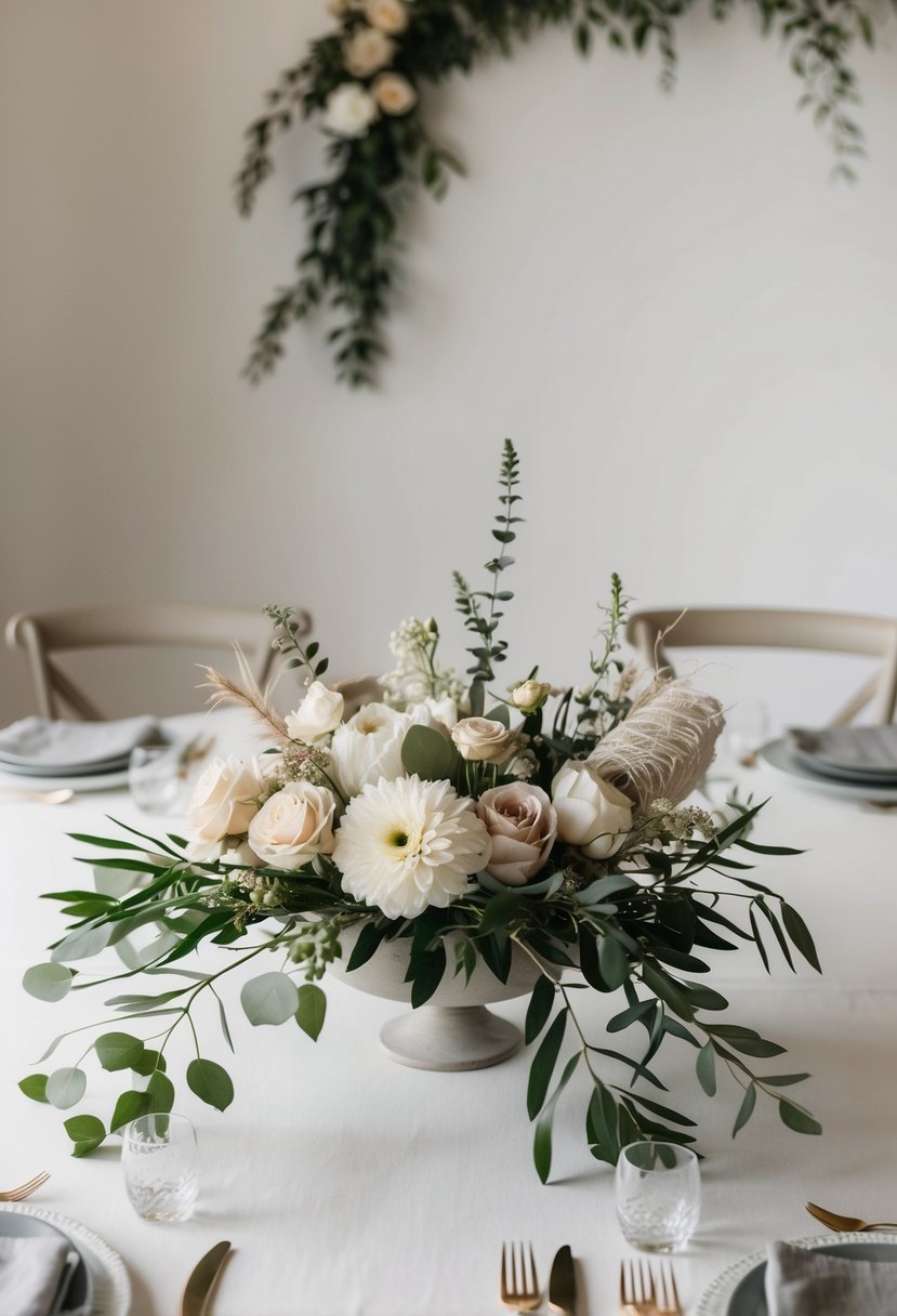 A square table adorned with neutral-toned flowers, greenery, and simple, elegant decor for a minimalist wedding vibe