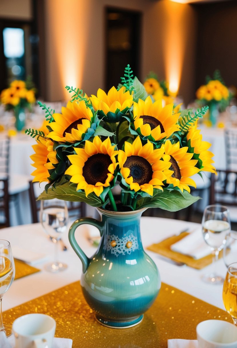 A vibrant artificial sunflower arrangement in a ceramic vase, set as a centerpiece on a wedding reception table