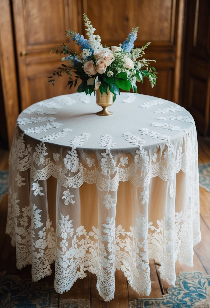 A vintage lace tablecloth drapes over a wooden table, adorned with delicate floral patterns. A vase of fresh flowers sits in the center, adding a touch of elegance to the cultural wedding decor