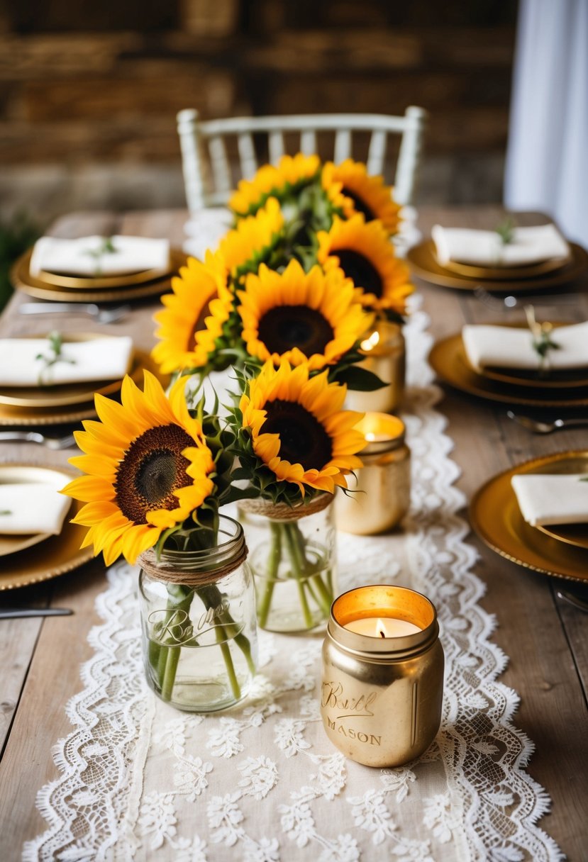 A sunflower and lace table runner adorns a rustic wedding table, with sunflowers in mason jar vases and golden candle holders