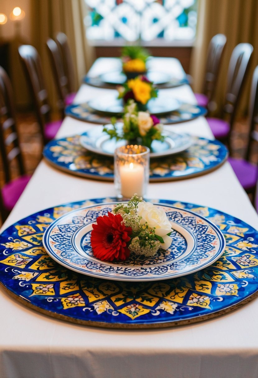 A table set with Turkish Iznik tile patterned placemats, adorned with vibrant colors and intricate geometric designs, creating a cultural and elegant wedding decor