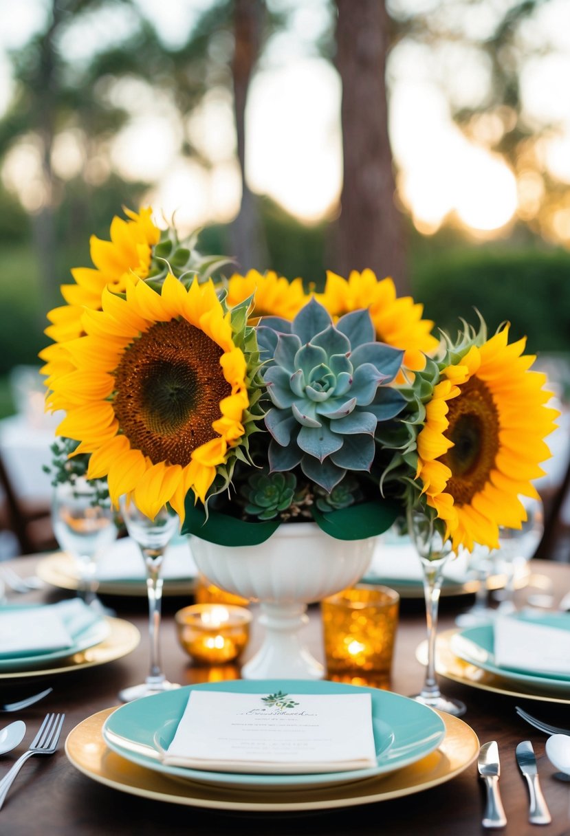 A sunflower and succulent centerpiece on a wedding table