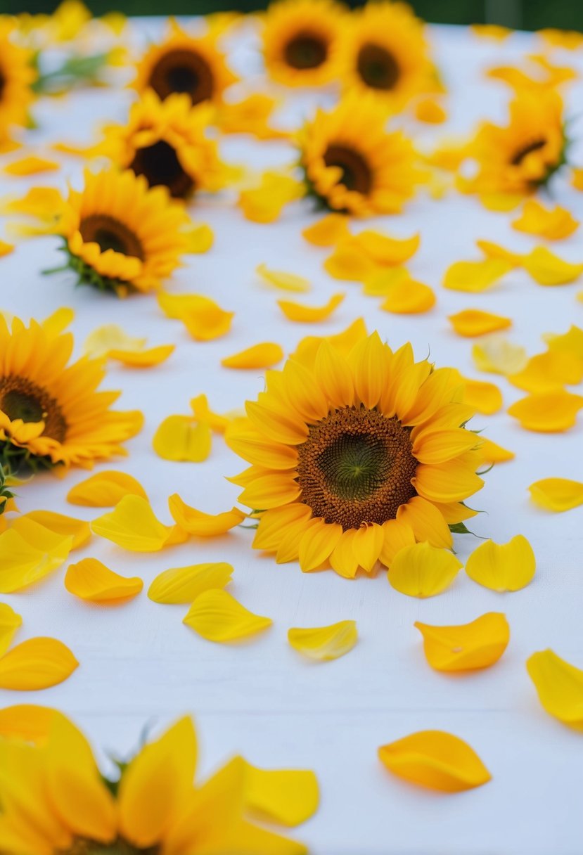 Sunflower petals scattered across a wedding table, creating a vibrant and joyful confetti-like decoration