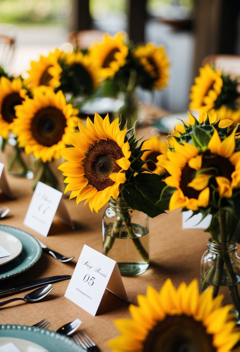 Bright sunflowers arranged on place cards at a rustic wedding table