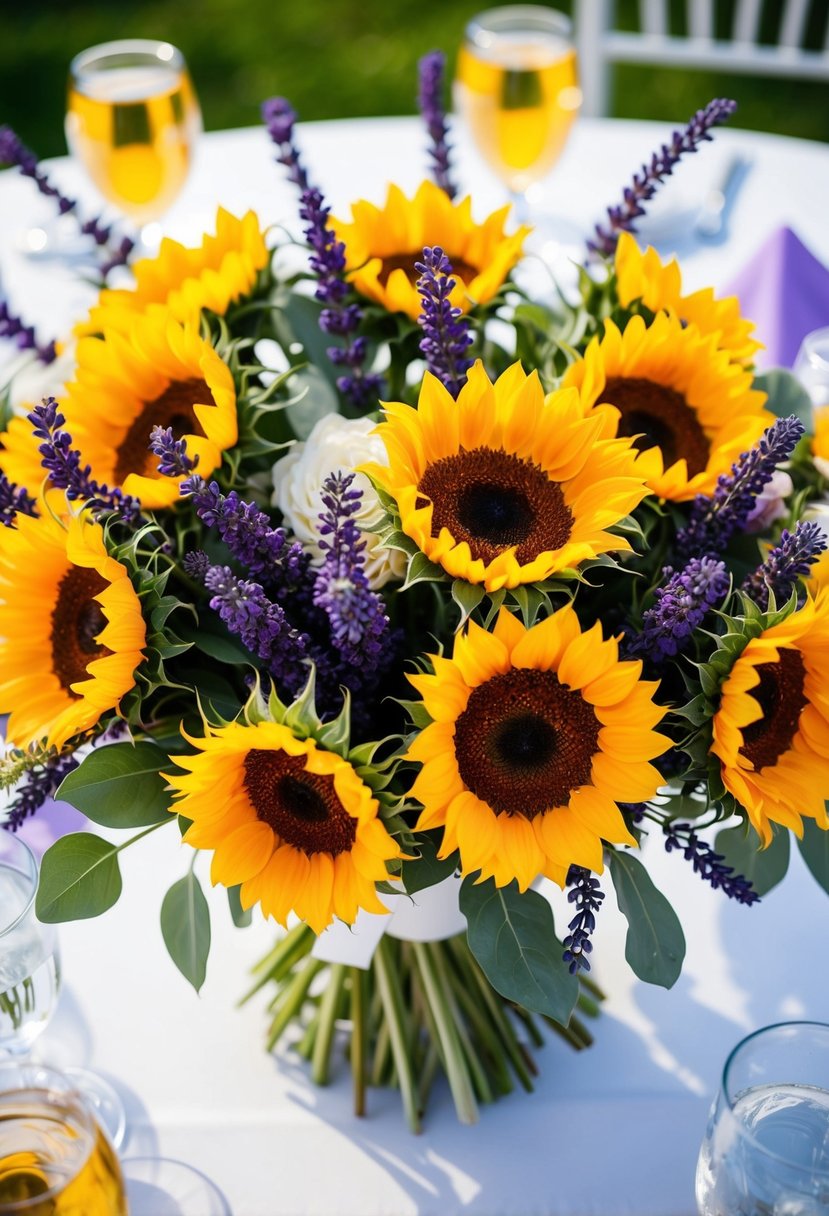 A vibrant bouquet of sunflowers and lavender adorns a wedding table, bringing a pop of color and natural beauty to the celebration