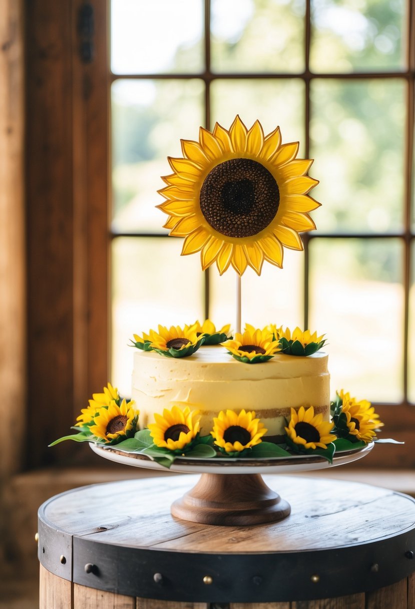 A sunflower cake topper sits atop a rustic wooden table, surrounded by smaller sunflower decorations. The warm glow of sunlight filters through the window, casting a soft, golden hue over the scene