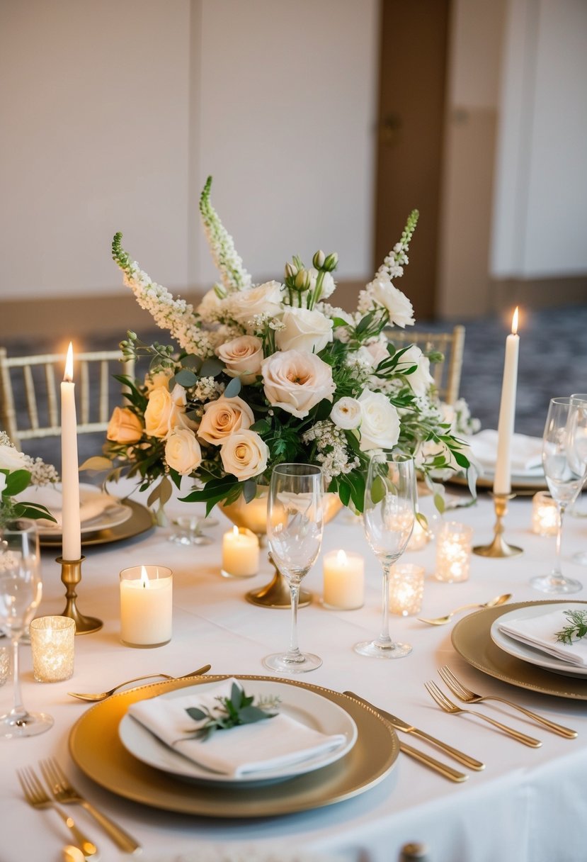 A table set with elegant floral centerpieces, candles, and delicate place settings for a romantic wedding reception