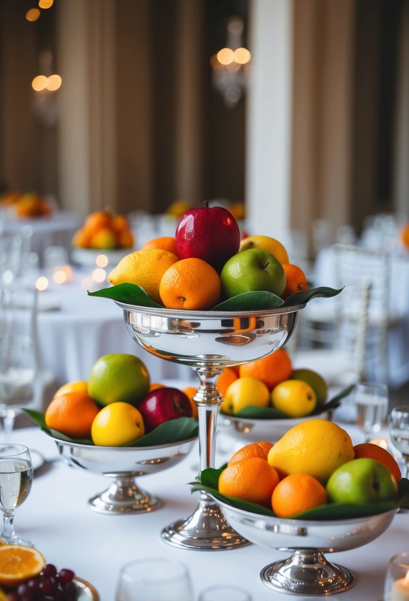 Compotes overflow with vibrant seasonal fruits on an elegantly decorated wedding table