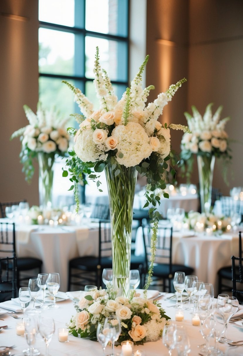 Tall vases filled with cascading flowers adorn a wedding table, creating an artistic and elegant centerpiece