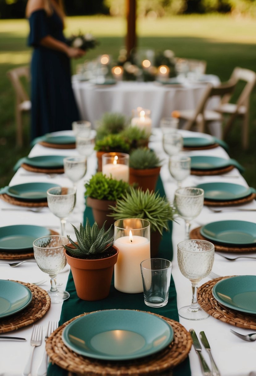 A table decorated with reusable, biodegradable materials like potted plants, wooden centerpieces, and recycled glass candle holders