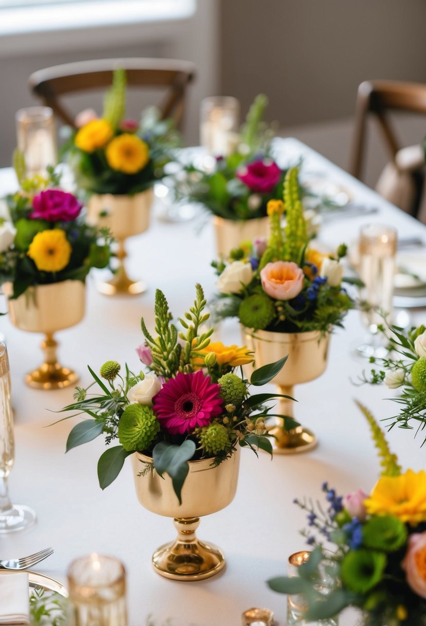 A table adorned with an array of mini compotes filled with vibrant flowers and greenery, creating an artistic and elegant wedding centerpiece