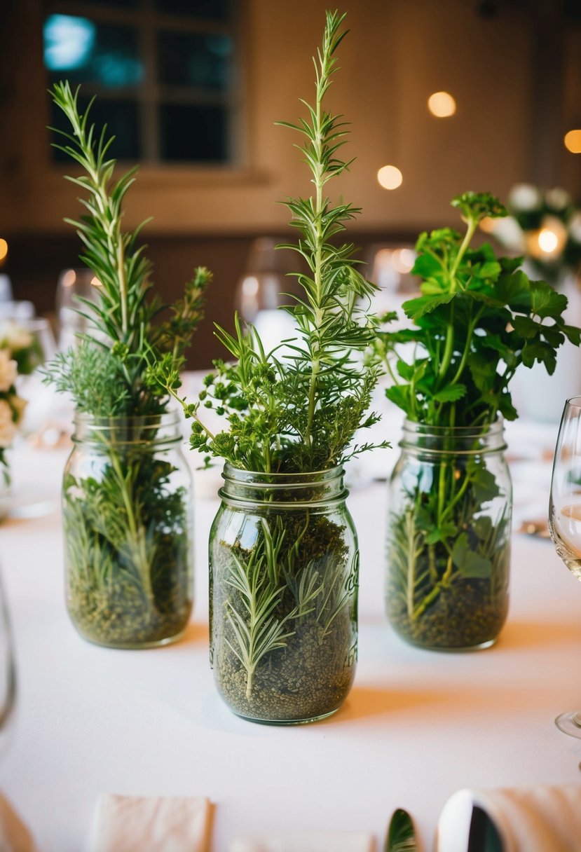 Upcycled glass jars filled with herbs, arranged as wedding table centerpieces