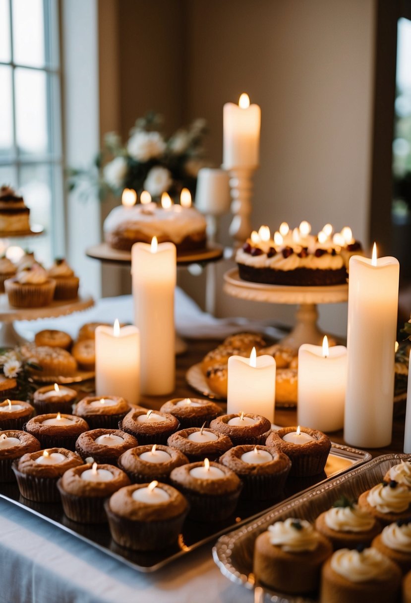 Flameless LED candles illuminate a display of assorted baked goods for a wedding table decoration