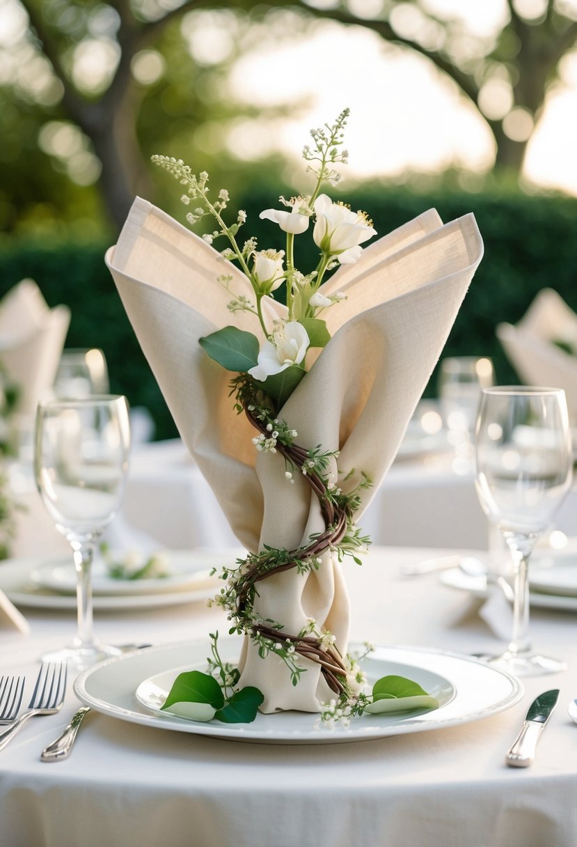 Vines twisted into elegant napkin holders, adorned with delicate flowers and leaves, sit atop a beautifully set wedding table