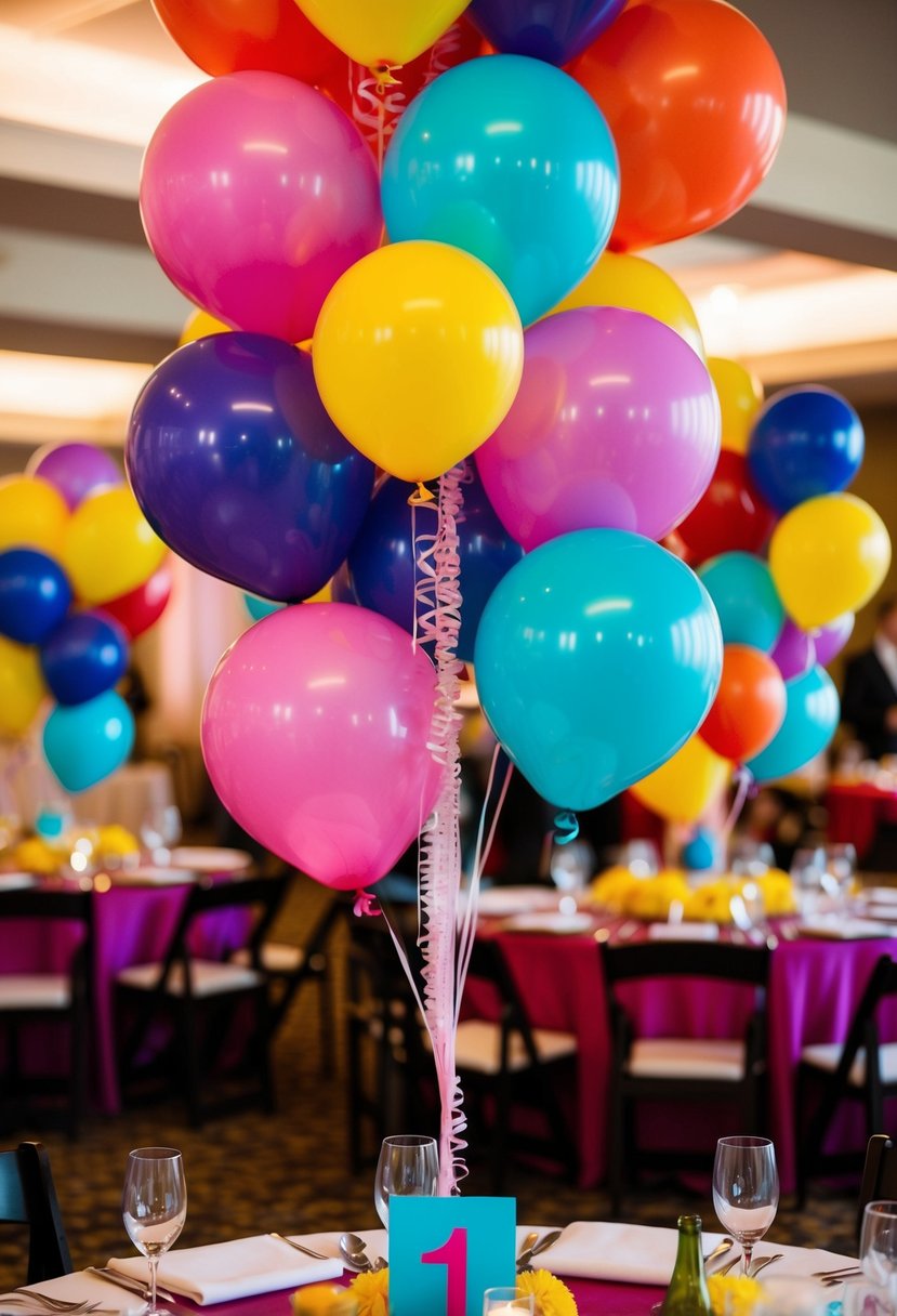 Colorful balloons mark each table number at a vibrant wedding reception