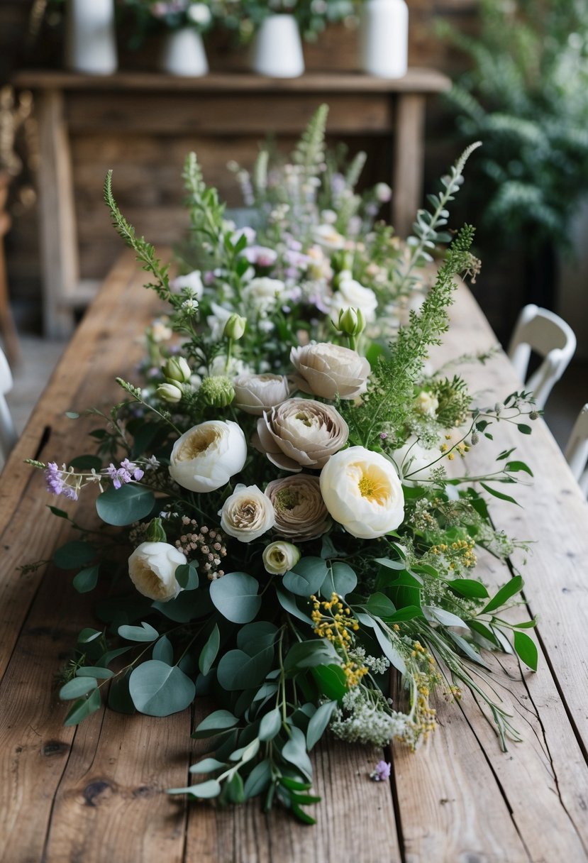 A rustic wooden table adorned with a lush arrangement of locally sourced and seasonal flowers in soft, muted tones, complemented by natural greenery and delicate wildflowers