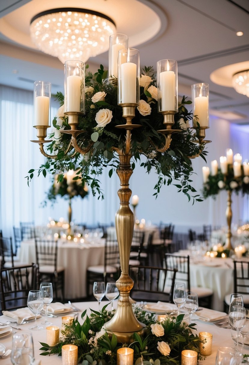 Tall candelabras adorned with flowing greenery create an elegant wedding table centerpiece