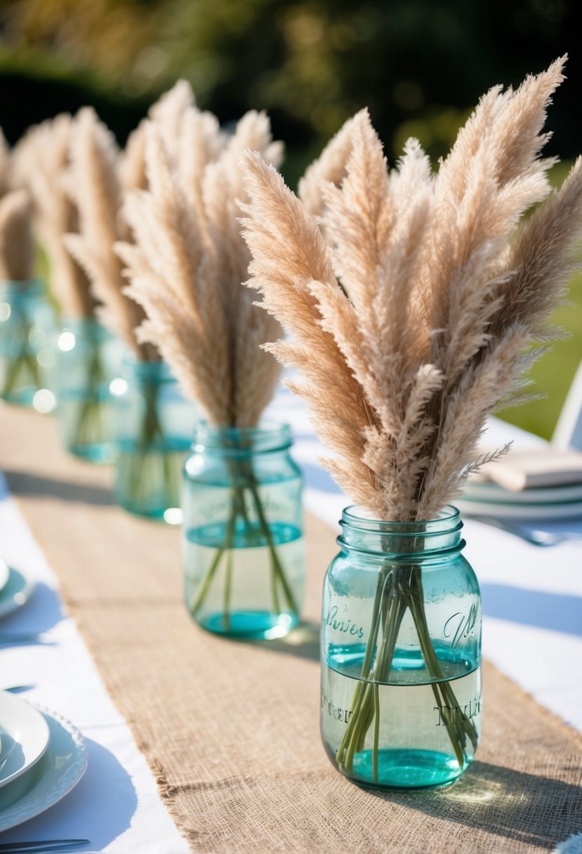 Simple jars filled with fluffy pampas grass arranged as wedding table decorations