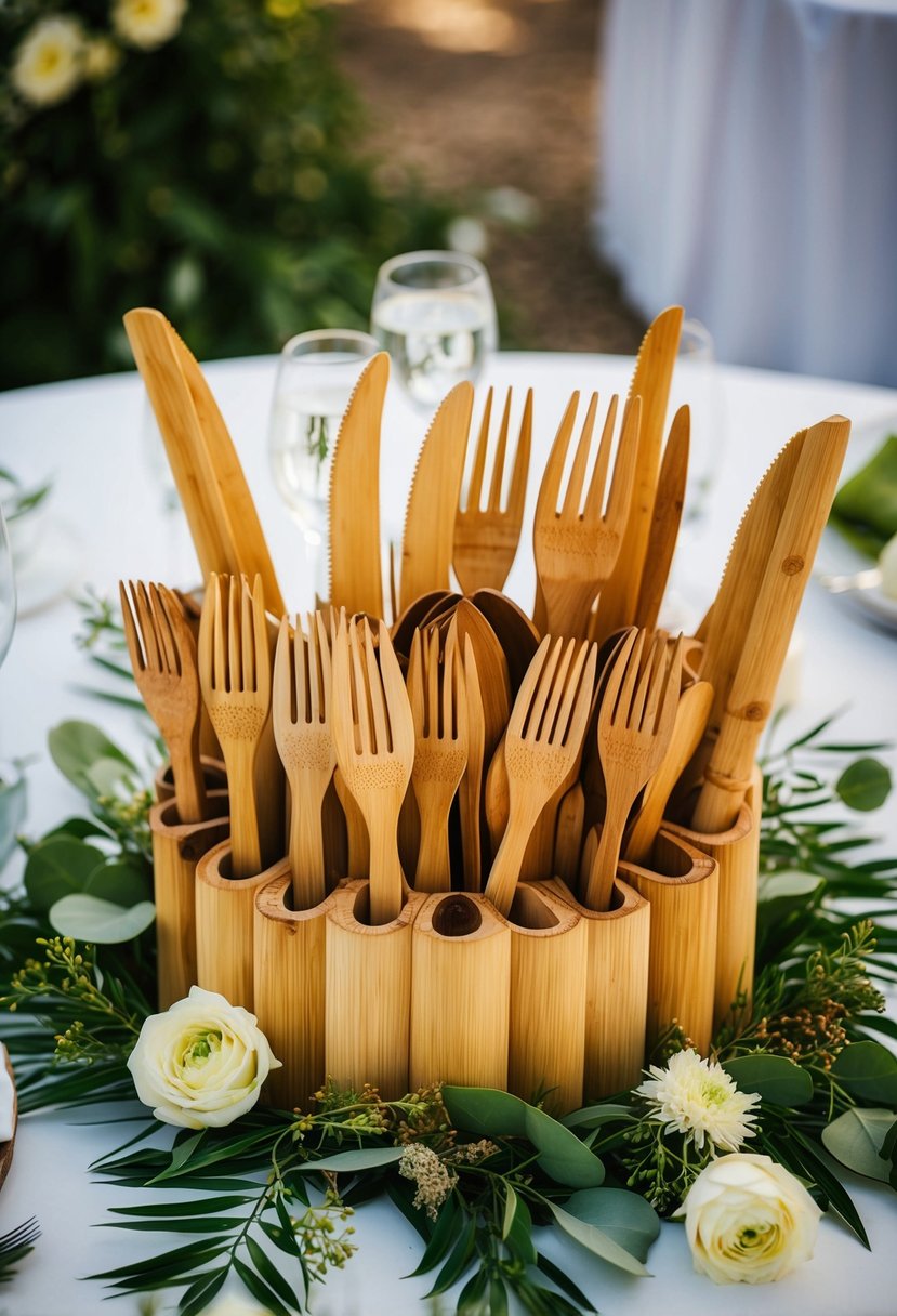 Bamboo and wooden cutlery arranged in a decorative display on a wedding table, surrounded by natural elements such as greenery and flowers