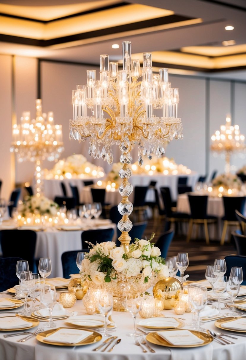 Opulent gold and crystal centerpieces adorn a modern wedding table, reflecting light and luxury