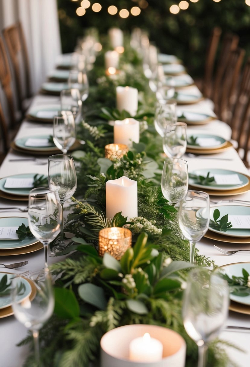 Lush greenery adorns elegant table runners, creating artistic wedding decor