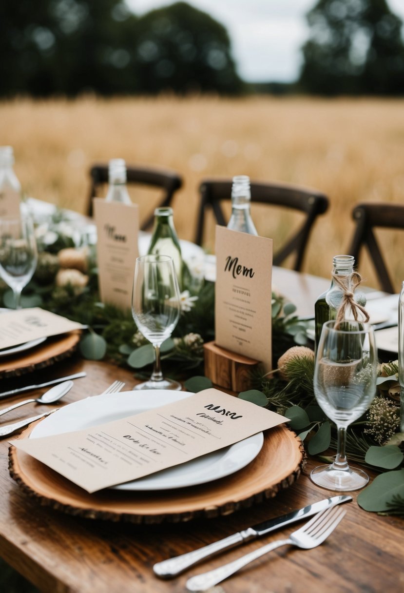 A rustic wedding table adorned with recycled paper menus and natural, sustainable decorations