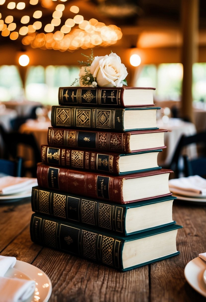 Stacked vintage books create a textured, rustic centerpiece for a wedding table