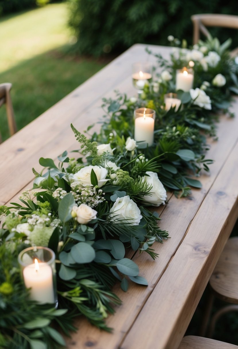 A rustic wooden table runner adorned with lush greenery and delicate florals, creating an elegant and natural wedding table decoration