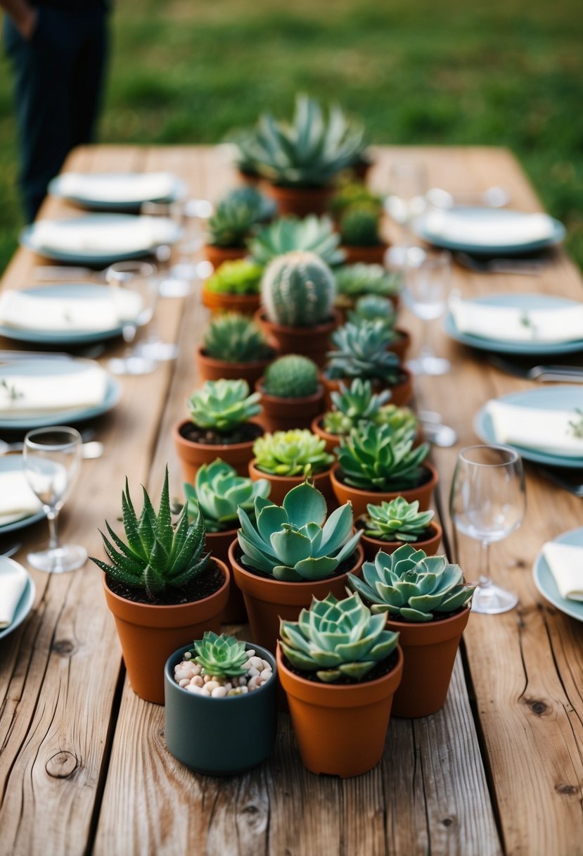 A rustic wooden table adorned with various potted succulents, creating a sustainable and natural wedding centerpiece