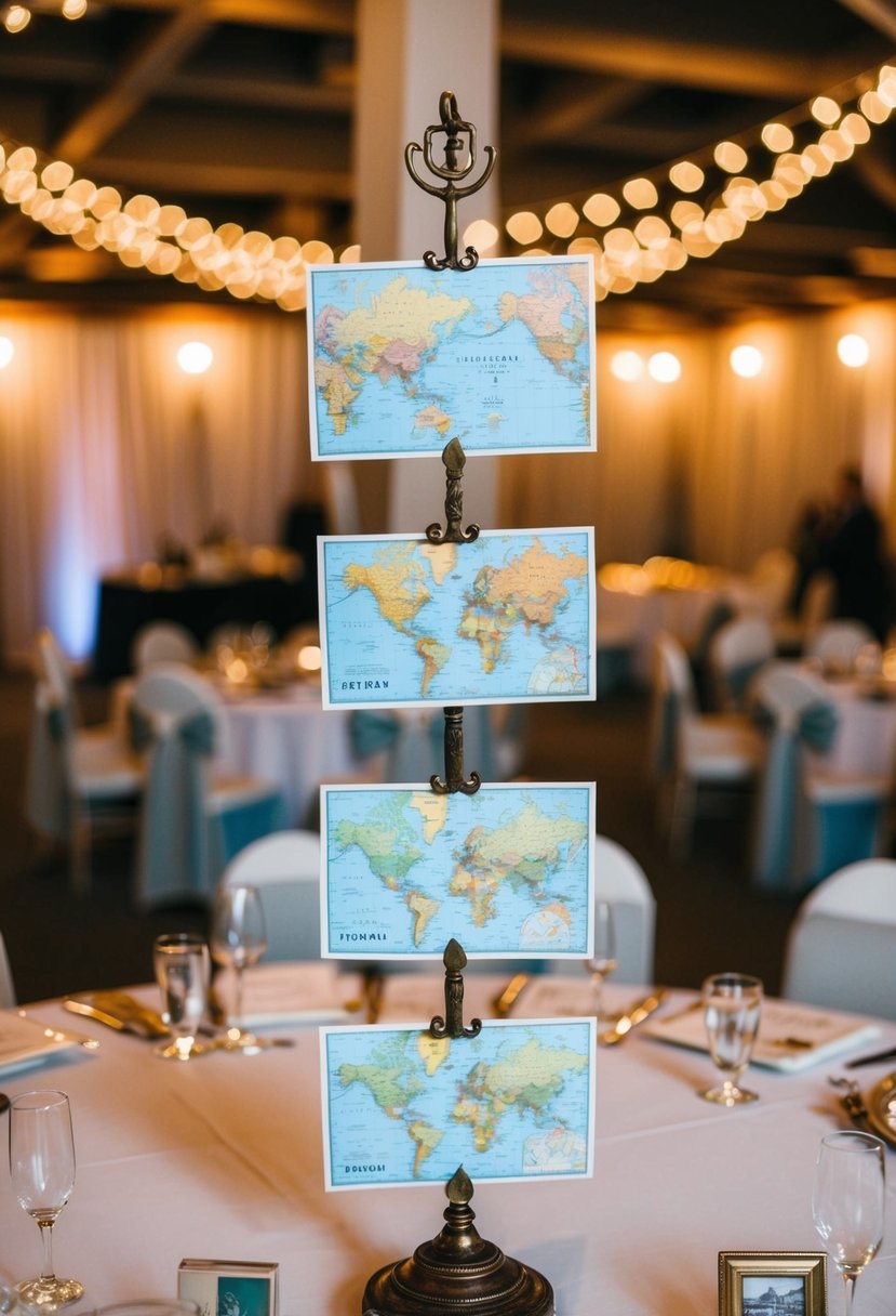 Vertical photo holders display travel maps as artistic wedding table decor