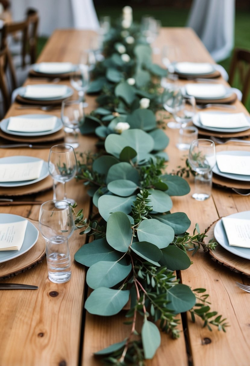 Eucalyptus garlands draped across wooden tables, adding a touch of natural beauty to a sustainable wedding reception