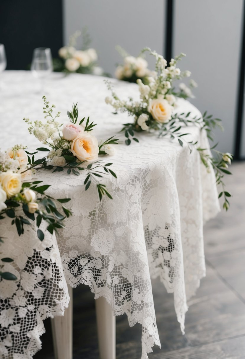 Vintage lace tablecloths adorned with delicate floral accents, set against a modern backdrop, creating a unique and elegant wedding table decoration