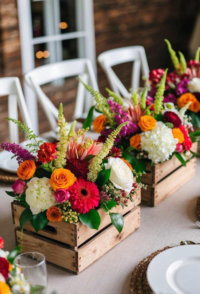 Rustic wooden crates hold vibrant floral arrangements for wedding table decor