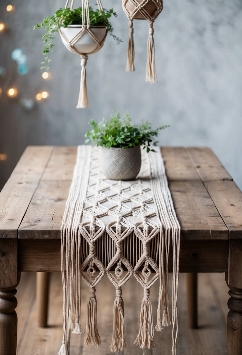 A boho chic macramé table runner drapes over a rustic wooden table, adorned with delicate hanging planters and intricate knotted decorations