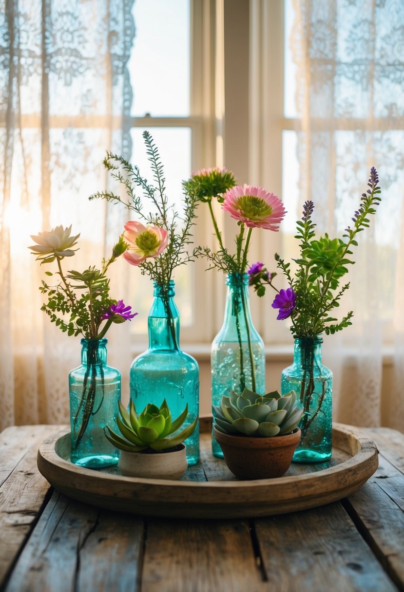 Vintage bottles with wildflowers, succulents, and greenery arranged on a rustic wooden table. Sunlight filters through lace curtains in the background