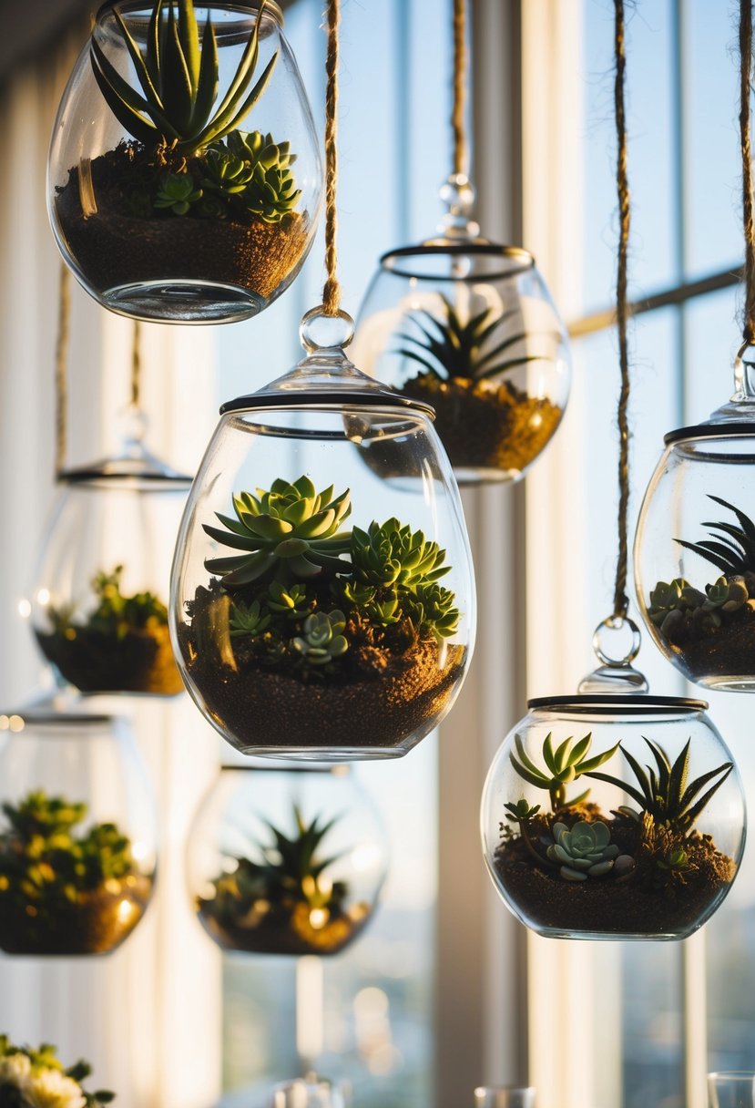 Several glass terrariums hang from the ceiling, each filled with vibrant succulents. The sunlight filters through the plants, casting beautiful shadows on the wedding table below