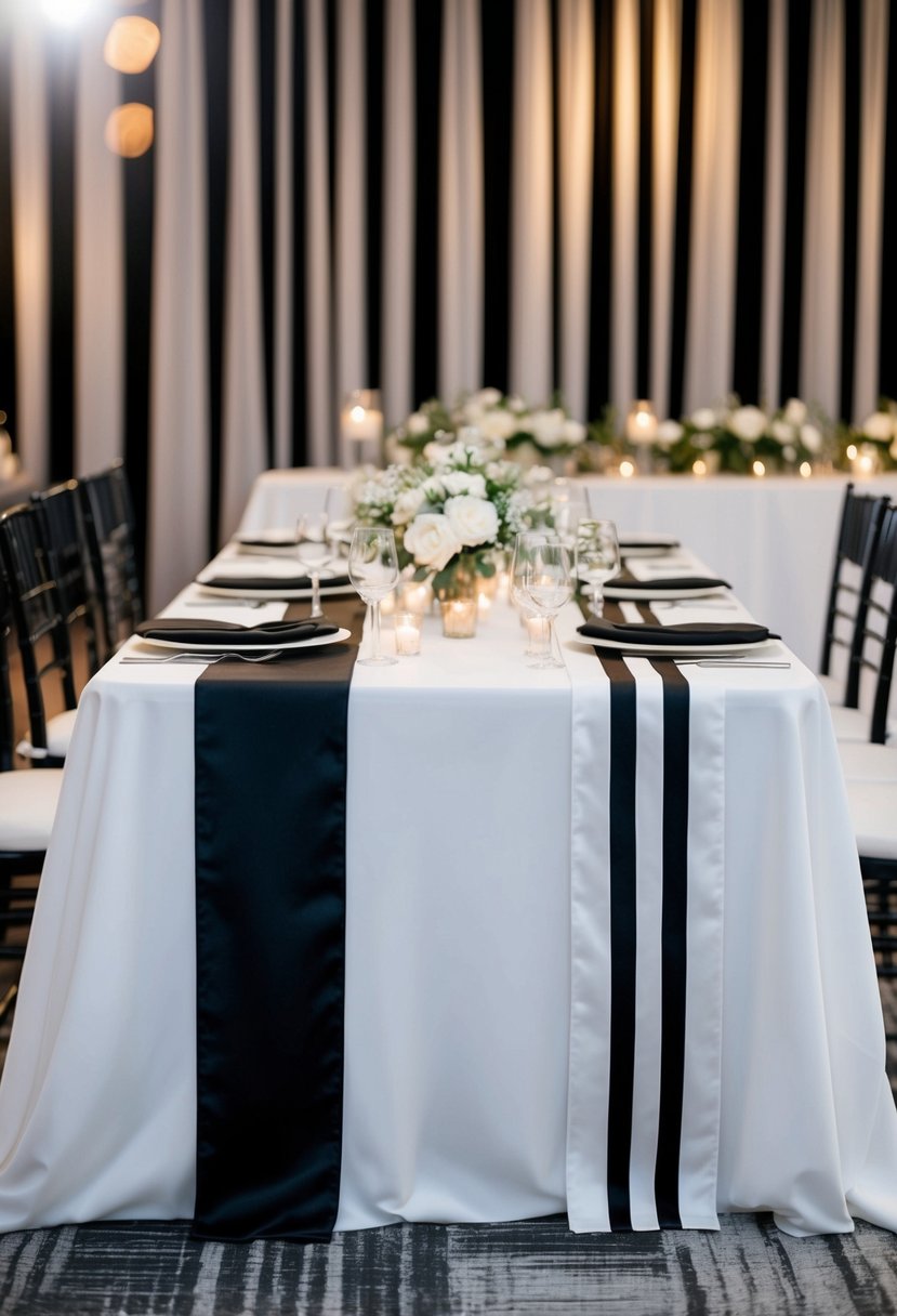 Elegant black and white striped table linens draped over a sleek wedding reception table