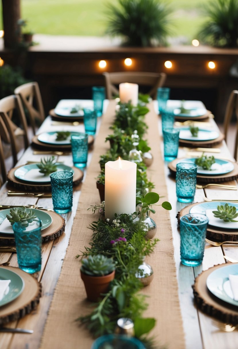 A rustic wedding table adorned with burlap table runners, surrounded by sustainable decor such as potted plants and recycled glass centerpieces