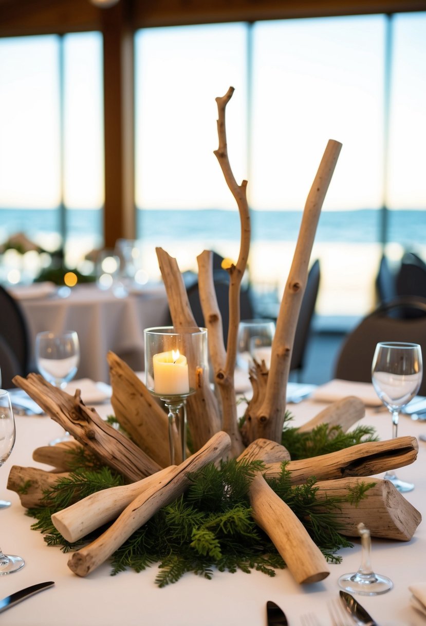 Driftwood pieces artfully arranged as a centerpiece for a wedding table decoration