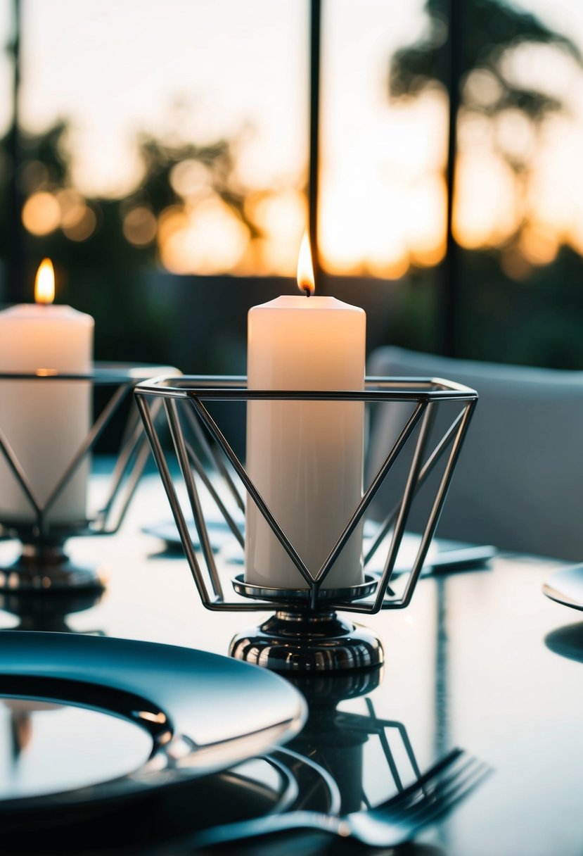 A sleek, modern table setting with metallic geometric candle holders as the focal point