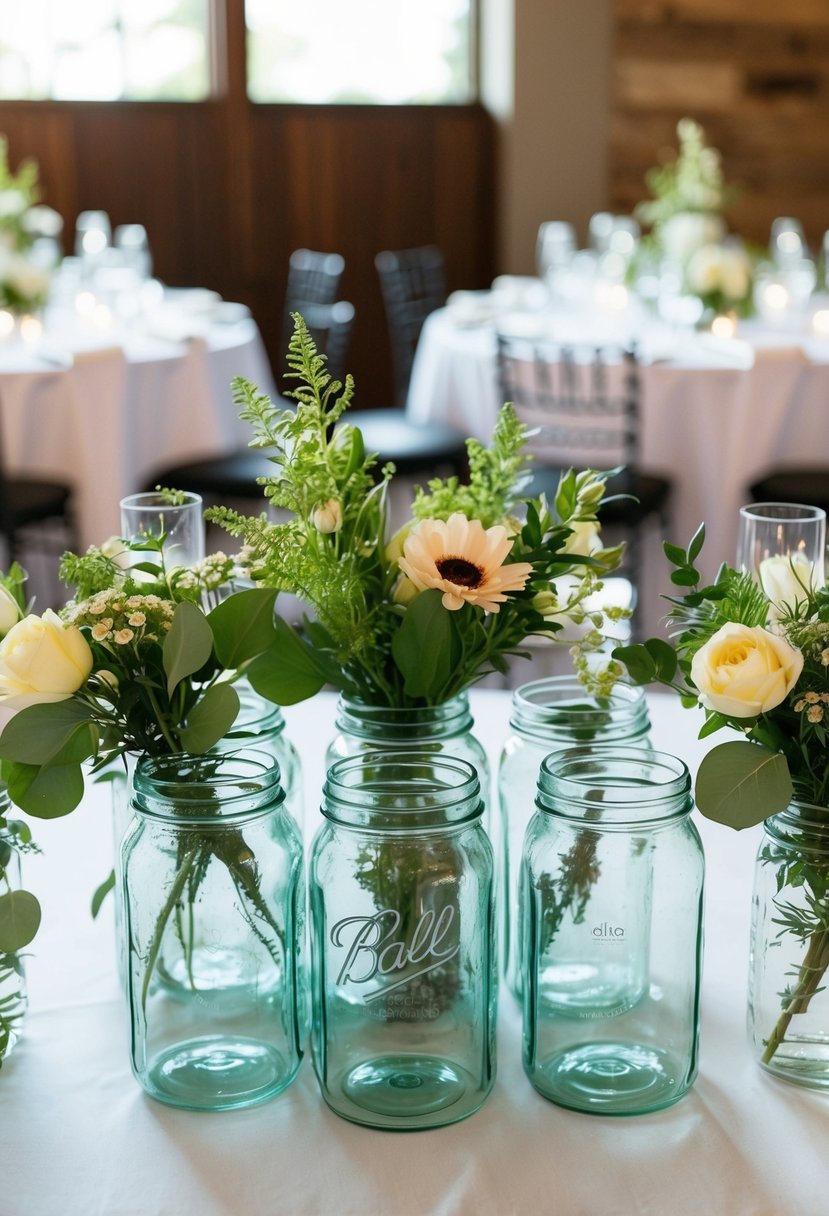 Empty glass jars and tin cans arranged with fresh flowers and greenery, serving as sustainable centerpieces for a wedding reception table