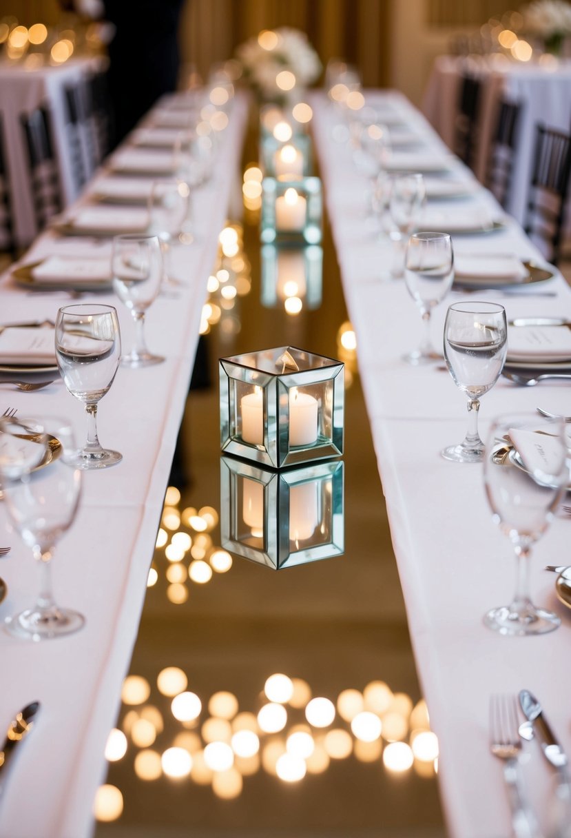 Glistening mirrored table runners adorn elegant wedding tables, reflecting the opulent surroundings