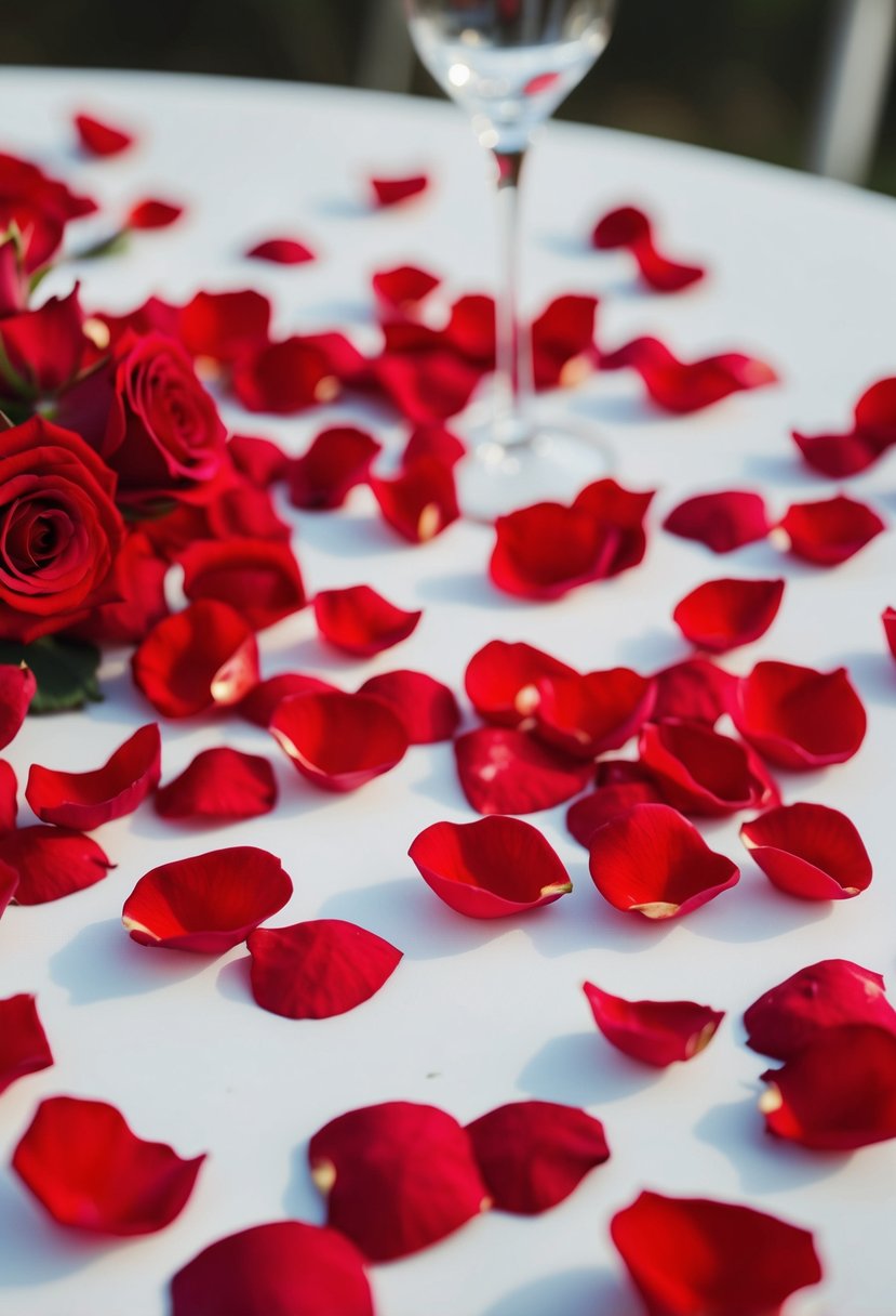 Red rose petals scattered across a modern wedding table, creating a romantic and elegant atmosphere