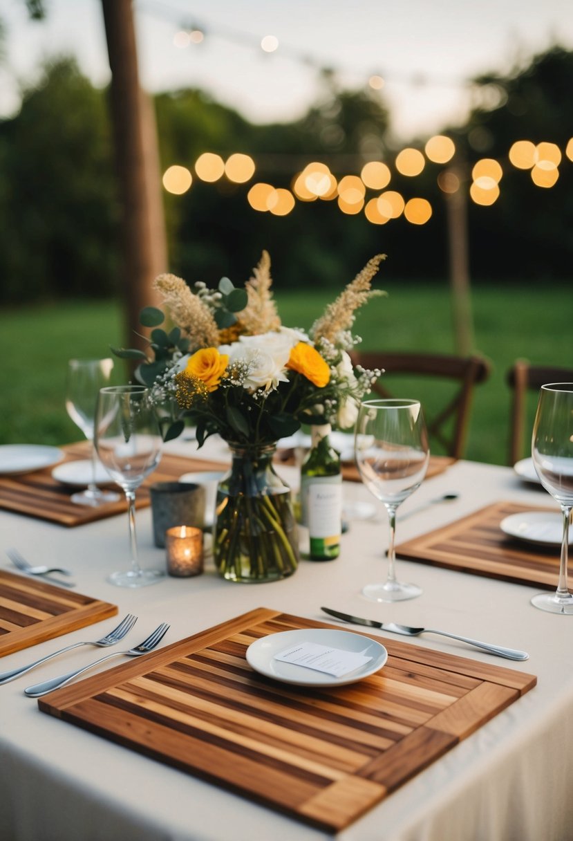 Wooden placemats adorn tables at a sustainable wedding, adding rustic charm to the decor